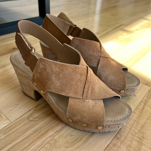 Franco Sarto chestnut brown suede L-Kicks cork platform sandal shoes size 8 - Picture 2 of 15
